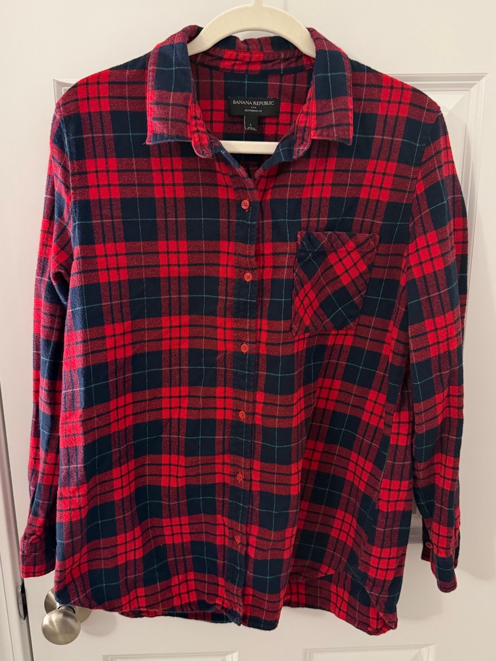 Banana Republic Women’s Red and Navy Plaid Button-Up Shirt